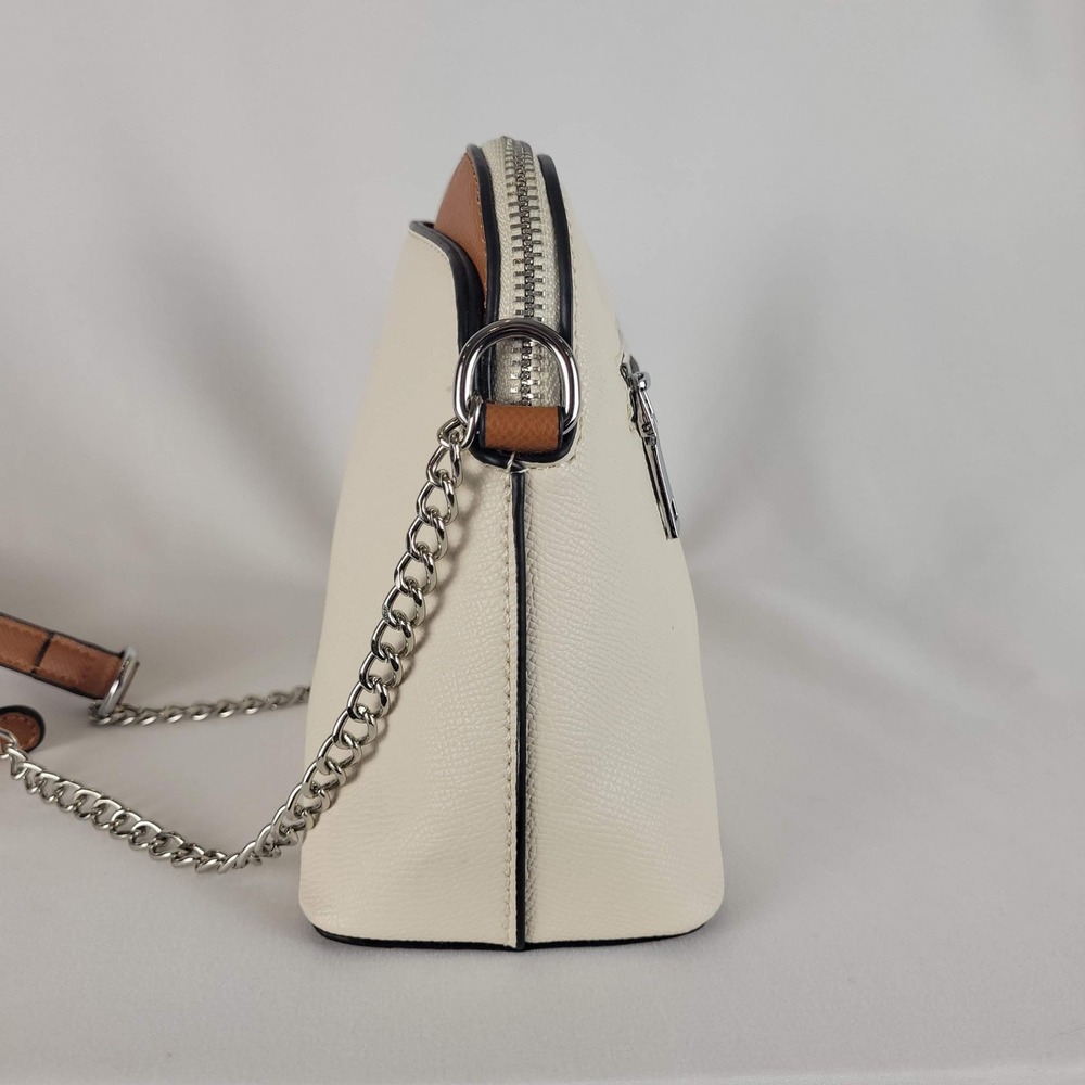 Cluci Cream & Tan Saffiano Faux Leather Dome Crossbody Bag Silver Chain Strap - Picture 4 of 9